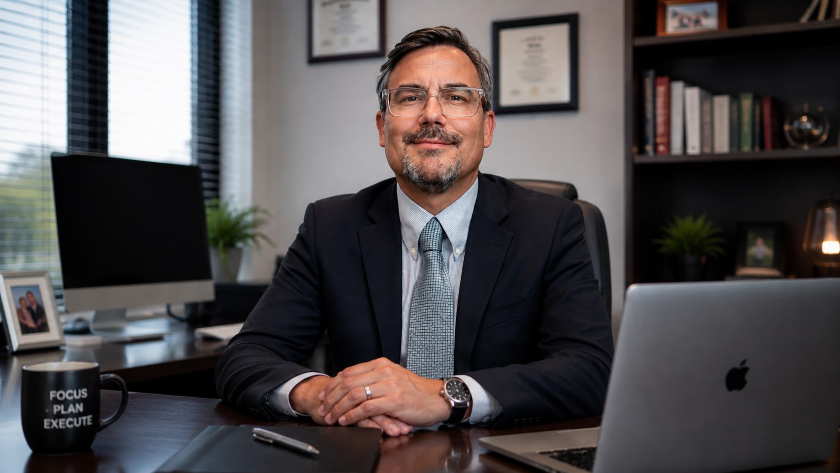 Luke Reynoso, Esq. at his desk in his Scottsdale office