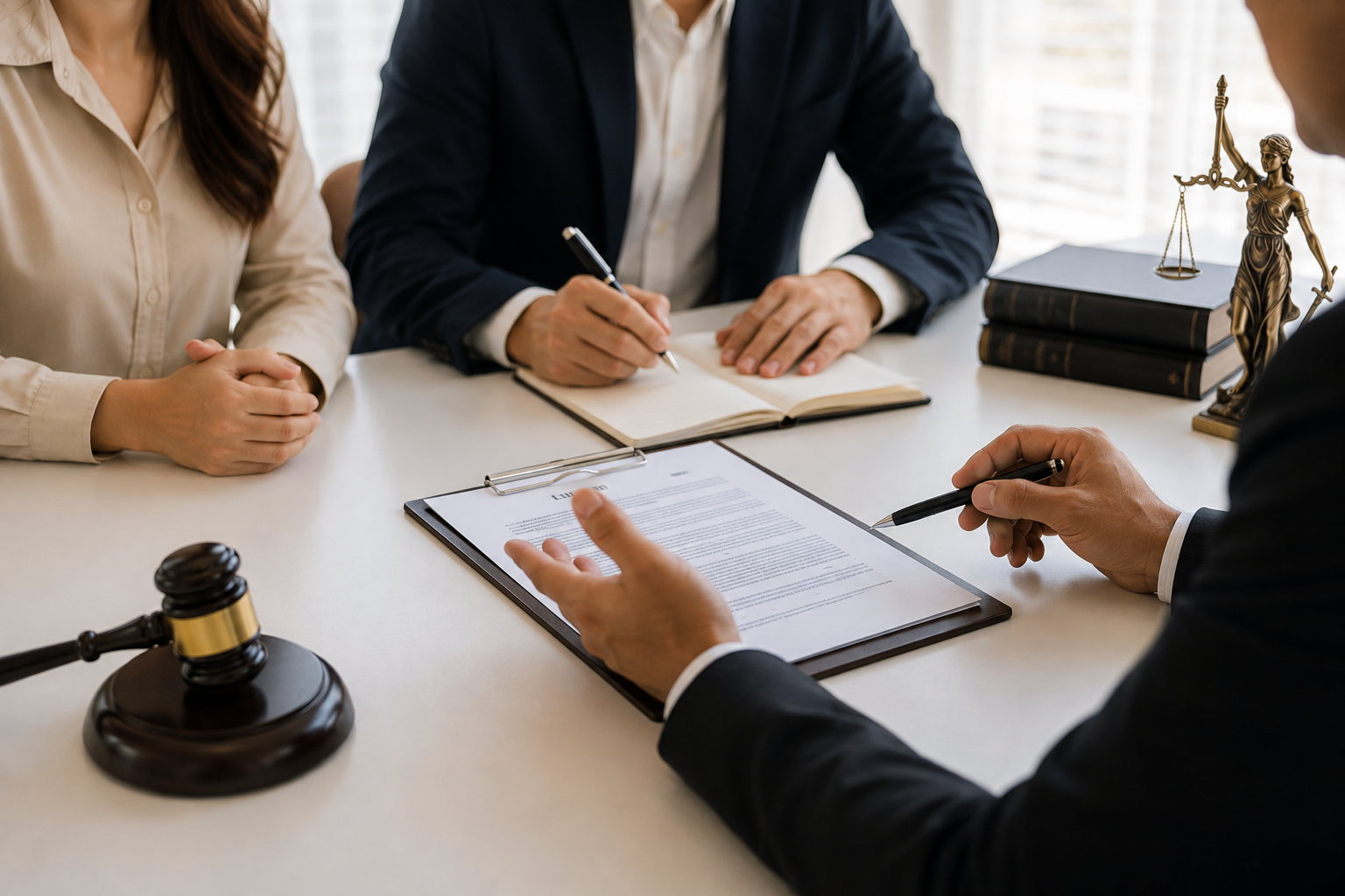 A married couple signing estate planning documents with their attorney