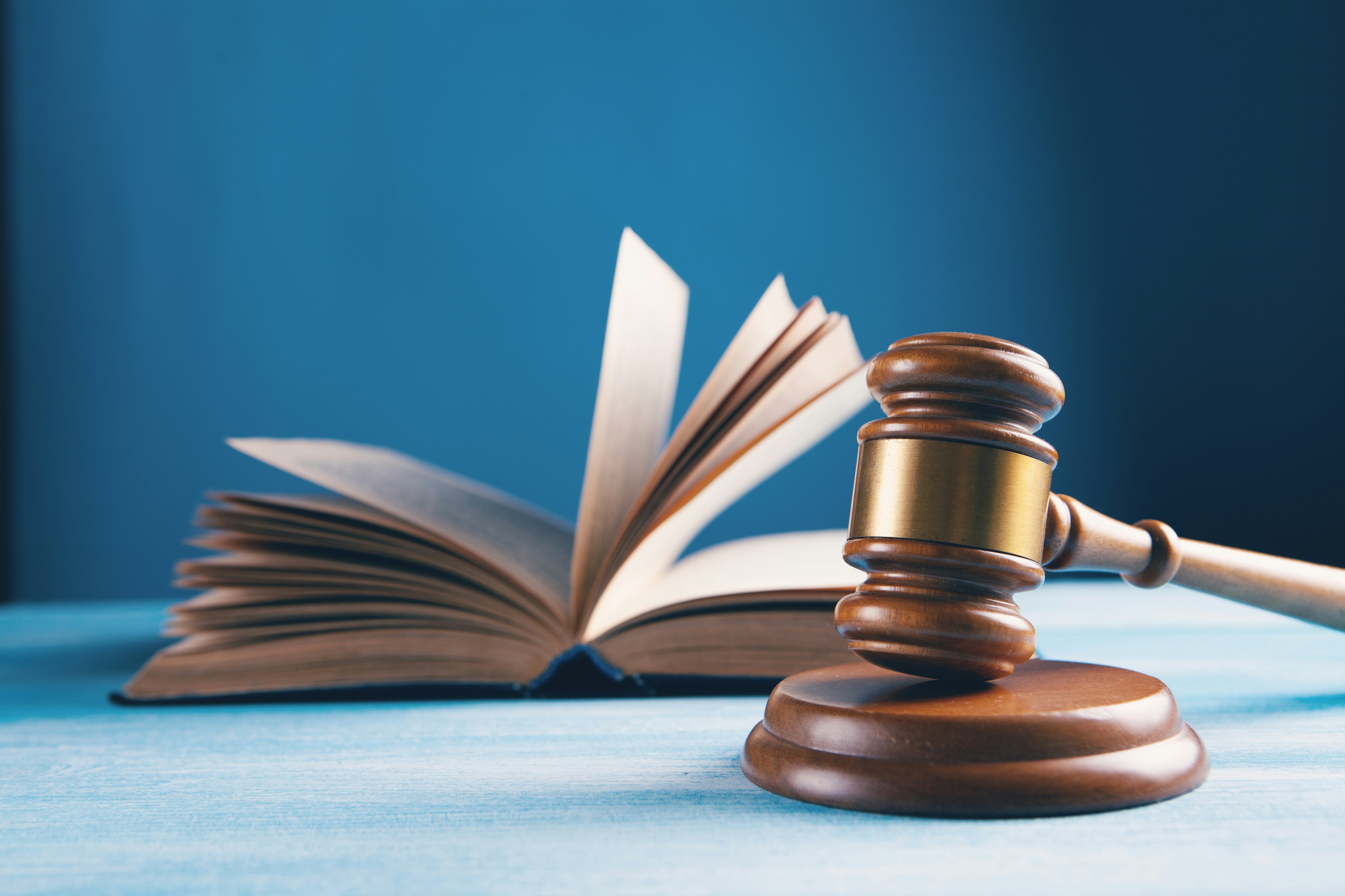 Gavel resting beside an open law book