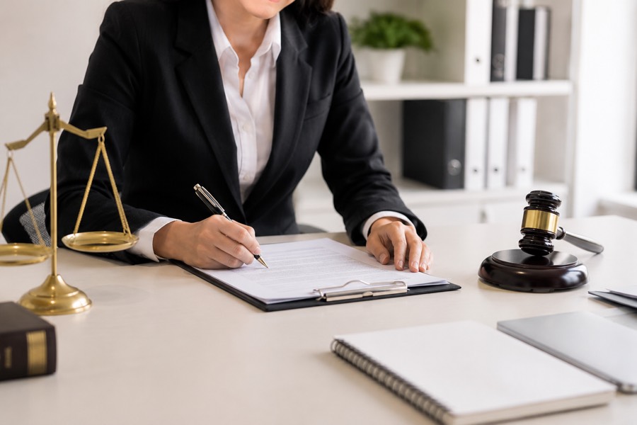 An advisor reviewing paperwork at her desk