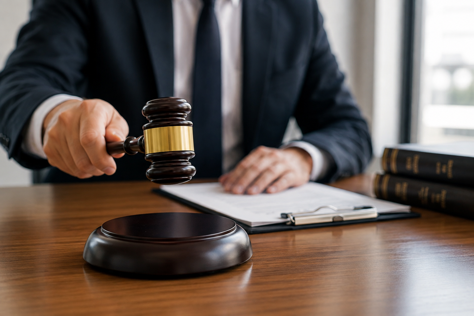 An attorney's gavel about to strike beside signed documents